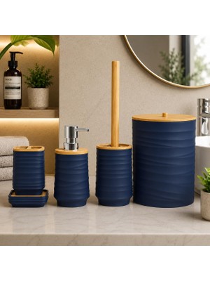 Die Grup Tr Akrilik Banyo Seti 5 Parça, Çöp Kovası, Tuvalet Fırçası, Sıvı Sabunluk, Diş Fırçalık ve Bardak, Modern Tasarım, Dekoratif Banyo Aksesuar Seti, Lacivert Bambu