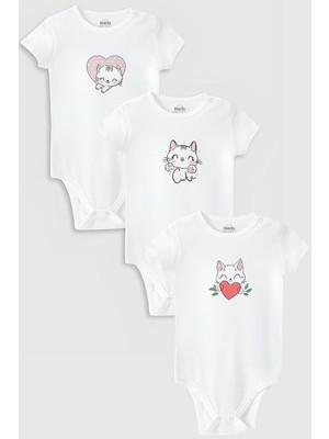 Die Grup Tr ORGANIK%100 Pamuk Kedi Cat 3'lü Bebek Body Set Beyaz Bebek Badi Çıtçıtlı Zıbın Üçlü 5784-5785-5786