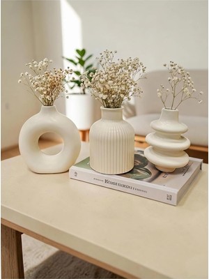 Die Grup Tr Modern Minimal 3'lü Dekoratif Vazo Seti – 10 cm – Masa Üstü Salon Objesi (Çiçek Hariç) Beyaz Tek Ebat