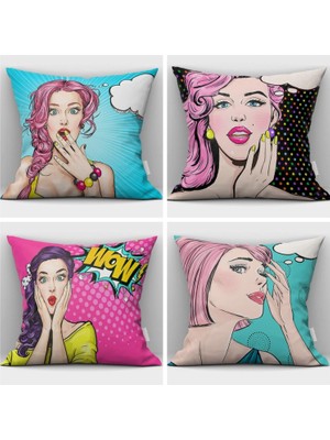 Die Grup Tr Çift Taraflı Baskılı Pop Art Kızları 4 Lü Kombin Kırlent Kılıfı