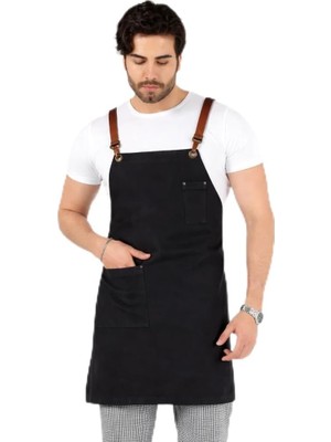 Die Grup Tr Barista Askılı Önlük Tek Cepli Deri Kemerli - Füme