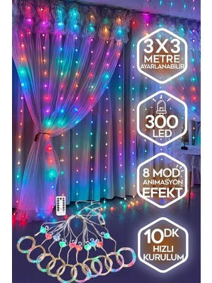 Die Grup Tr Kumandalı Peri Tel LED Aydınlatma 300 Ledli Perde Işık 10 Saçaklı 3x3 Metre Dekoratif Duvar Işığı USB Kablolu (Rgb Çok Renkli)