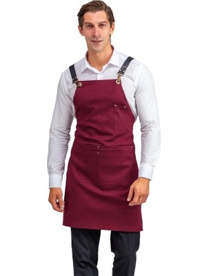 Die Grup Tr Barista Askılı Önlük Çift Cepli Deri Kemerli Bordo