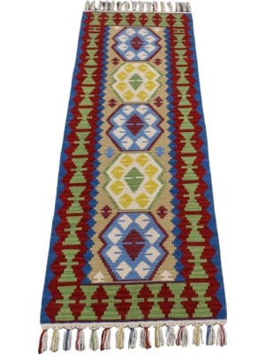 Die Grup Tr Zehra Abla Halı Yeni El Dokuma Renkli Pınarbaşı Kayseri Yün Mini Yolluk Kilim 6274 Renkli-60 x 190