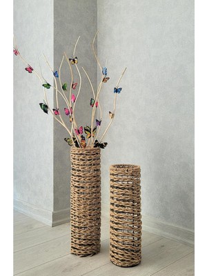Die Grup Tr Hasır Örgü Vazo 2'li Set, 50 cm ve 70 Cm, Doğal, Dekoratif Çiçeklik