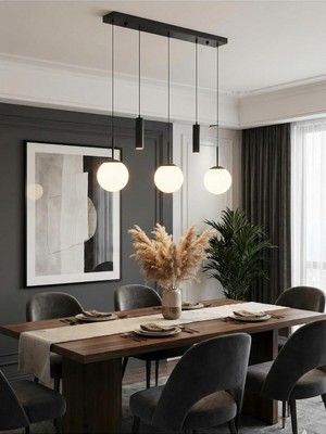 Die Grup Tr Nara Siyah Metal Gövdeli 5'li Modern Sıralı Sarkıt Avize- 2 Spot LED 3 Beyaz Cam Küre Avize Siyah-Beyaz 35 x 41