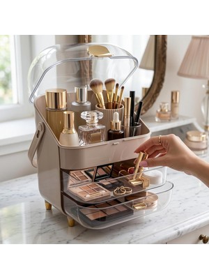 Die Grup Tr Premium Çekmeceli ve Kapaklı Taşınabilir Makyaj ve Kozmetik Düzenleyici, Pembe ve Milky Coffee Renk Seçenekleri, Altın Aksesuarlı (Sütlü Kahve)