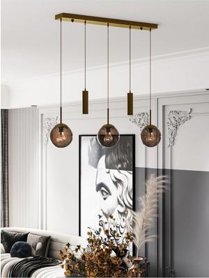 Die Grup Tr Nara Eskitme Metal Gövdeli 5'li Modern Sıralı Sarkıt Avize- 2 Spot LED 3 Bal Cam Küre Avize Eskitme-Bal 35 x 41