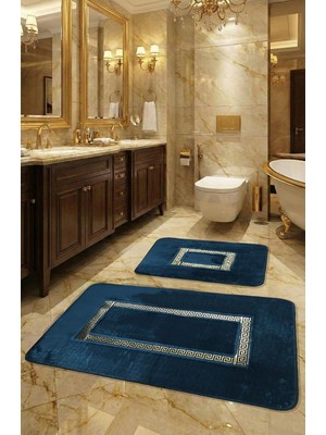 Die Grup Tr Meram Kaymaz Taban, Emici 2'li Ultra Lüks Deri Detaylı Banyo Paspası Seti Mavi-Gold 60X100 cm ve 50X60 cm