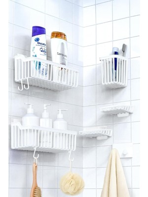 Die Grup Tr Banyor 6'li Banyo Seti Yapışkanlı Banyo Düzenleyici Şampuanlık Diş Fırçalık Sabunluk Askılık Takımı Beyaz