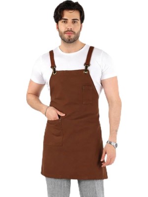 Die Grup Tr Barista Askılı Önlük Tek Cepli Deri Kemerli - Kahve
