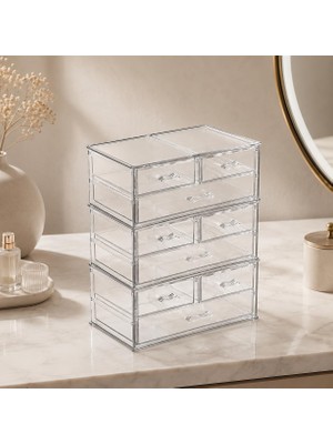 Die Grup Tr 6 Katlı 9 Çekmeceli Şeffaf Organizer 24X14X30 Cm, Makyaj Takı Kozmetik ve Masaüstü Düzenleyici Saklama Kutusu