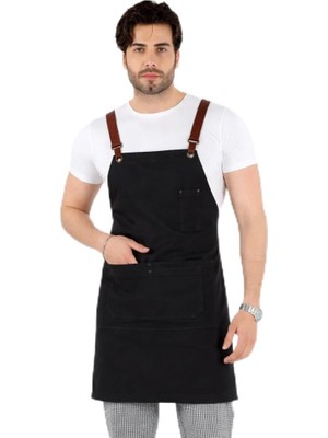 Die Grup Tr Barista Askılı Önlük Çift Cepli Deri Kemerli - Füme