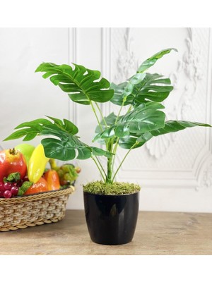 Die Grup Tr Yapay Çiçek Monstera 9 Dal Siyah Plastik Saksılı Deve Tabanı Dekoratif Süs Çiçeği