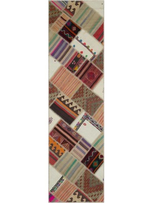 Die Grup Tr Ekru Bej Patchwork Desenli El Dokuma Yün Pamuk Koridor Kilimi