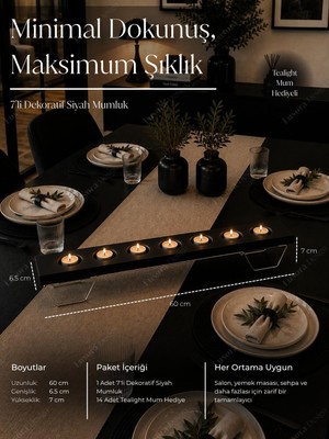 Die Grup Tr 7'li Tealight Mumluk, 60 cm Metal Ayaklı Dekoratif Masa Üstü Mumluk - Siyah