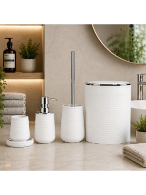 Die Grup Tr Akrilik Banyo Seti 5 Parça, Çöp Kovası, Tuvalet Fırçası, Sıvı Sabunluk, Diş Fırçalık ve Bardak, Modern Tasarım, Dekoratif Banyo Aksesuar Seti, Beyaz Oluklu