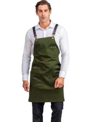 Die Grup Tr Barista Askılı Önlük Kanguru Cepli Deri Kemerli - Yeşil