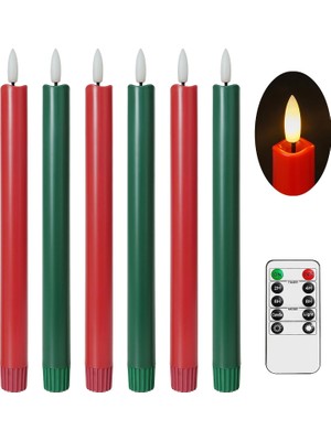 Die Grup Tr Uzaktan Kumandalı Yeşil ve Kırmızı Alevsiz Konik Mumlar - 10 Inç LED Şamdanlar Pille Çalışan, Fitil ile Gerçekçi 3D Alev, Zamanlayıcı, 6 Paket Tatil Mumları Noel Dekoru