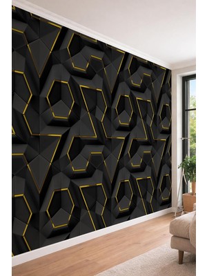 Die Grup Tr 3D Görünümlü Siyah-Gold Detaylı Geometrik Panel Desenli Tekstil Duvar Kağıdı, 100 x 100