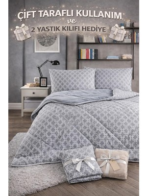 Die Grup Tr Çift Kişilik Welsoft Yorgan | 2 Yastık Kılıfı Hediyeli, Çift Taraflı - Gri Zincir