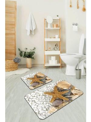 Die Grup Tr Dijital Banyo Halısı Klozet Takımı 2'li Paspas Seti BS209 60X90CM + 60X60CM, Bej, Tek Ebat