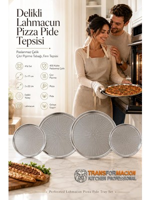 Die Grup Tr 4'lü Set Delikli Pizza Tepsisi, 17CM ve 22CM Paslanmaz Çelik Lahmacun Pide Tabağı, Kişisel Porsiyon Çıtır Pişirme Seti 721570