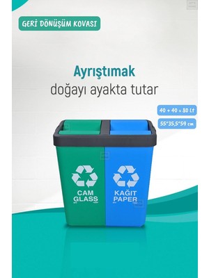 Die Grup Tr Geri Dönüşüm Kovası 80 Lt. Cam-Kağıt Motek Geri Dönüşüm Kutusu Yeşil-Mavi