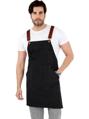 Die Grup Tr Barista Askılı Önlük Kanguru Cepli Deri Kemerli - Füme