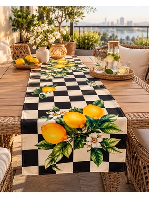 Sunum Luxe Sunumluxe Siyah Beyaz Damalı Limon Desenli 45x140cm Masa Runnerı