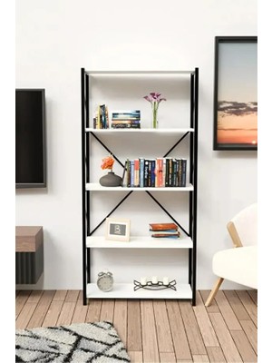 Die Grup Tr 5 Raflı Kitaplık Metal Çerçeveli Modern Raf - Çalışma Odası, Ofis, Salon Kitaplığı ve Evrak Rafı