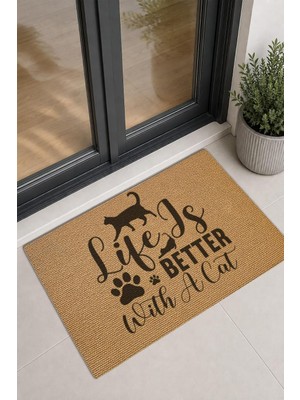 Die Grup Tr Kapı Önü Halı Paspas Life Is Better With A Cat Yazılı Kedi ve Pati Desenli