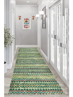 Die Grup Tr Pelangi Kilim Desenli Etnik Dijital Baskı Yıkanabilir Kaymaz Taban Eskitme Salon Halı ve Yolluk, Yeşil 60 x 200, 9554898602007