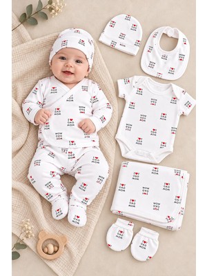 Die Grup Tr Kız Erkek Bebek 7'li Hastane Çıkışı Seti I Love Mom Dad Kalp Desenli Yenidoğan Battaniyeli Zıbın Takımı STL7299