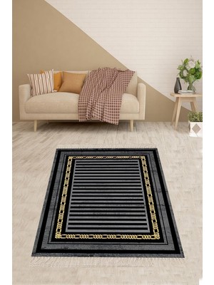 Die Grup Tr Pelangi Gold Zincir Desen Yıkanabilir Kaymaz Taban Leke Tutmaz Modern Salon Halısı ve Yolluk, Siyah-Gold 80 x 300