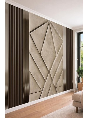Die Grup Tr 3D Görünümlü Geometrik Panel ve Çıta Desenli Lüks Tek Parça Tekstil Duvar Kağıdı, 400 x 260