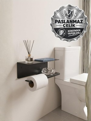 Die Grup Tr Paslanmaz Metal Çift Raflı Tuvalet Kağıtlığı Mat Siyah - Telefon Raflı Wc Kağıtlık, Yapışkanlı ve Vidalı Banyo Organizer