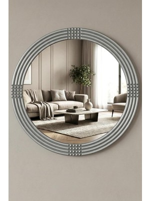 Die Grup Tr Safir Gümüş Dekoratif Ayna Yuvarlak Ayna Işlemeli Ahşap Duvar Aynası Tekli (31CM Ayna - 43CM Çerçeve)