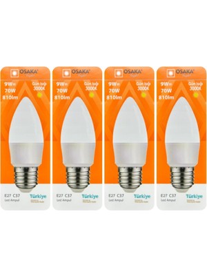 Die Grup Tr Osaka 9W (70W) Sarı Işık (3000K) E27 Duylu LED Mum Ampul, 4 Adet
