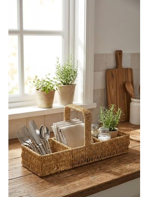 Die Grup Tr 3 Bölmeli Hasır Sepet Organizer Saplı, Mutfak Banyo Ofis Çok Amaçlı Düzenleyici, Plastik Rattan Kaşıklık Sepeti, 40X13X17 cm