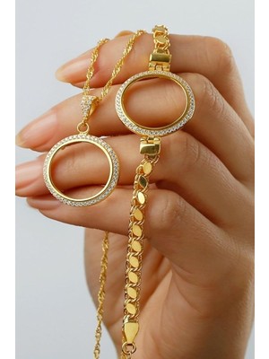 Die Grup Tr 925 Ayar Gümüş Çeyrek Altın Için Pullu Zincir Bileklik & Kolye Set, Gold, Kadın
