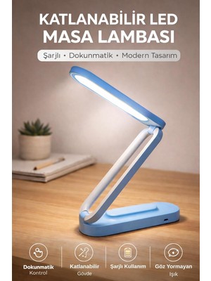 Die Grup Tr Mavi Katlanabilir LED Masa Lambası, 3 Işık Modu, Şarjlı, Dokunmatik Kontrol, 19 x 29 cm