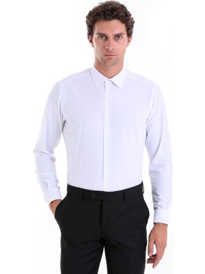 Hatemoğlu Beyaz Slim Fit Düz Pamuklu Slim Yaka Uzun Kollu Klasik Gömlek