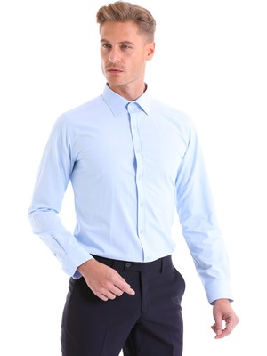 Hatemoğlu Mavi Slim Fit Düz Pamuklu Slim Yaka Uzun Kollu Klasik Gömlek