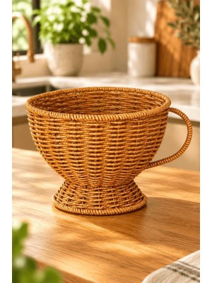 Die Grup Tr Büyük Boy Doğal Hasır Rattan Kupa Sepet 20X16 cm - Kulplu Ayaklı Masa Üstü Ekmeklik ve Meyvelik