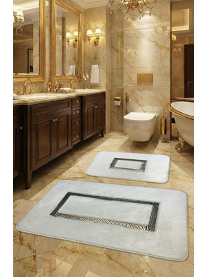 Die Grup Tr Meram Kaymaz Taban, Emici 2'li Ultra Lüks Deri Detaylı Banyo Paspası Seti Beyaz-Gold 60X100 cm ve 50X60 cm