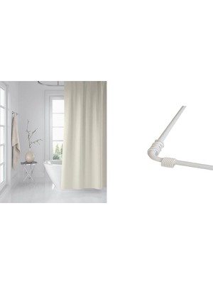 Die Grup Tr Banyo Perdesi Krem 1X180X200, Perde Borusu Askı Aparatı Köşe Boru Beyaz Hediyeli, Duş Perdesi Seti
