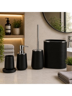 Die Grup Tr Akrilik Banyo Seti 5 Parça, Çöp Kovası, Tuvalet Fırçası, Sıvı Sabunluk, Diş Fırçalık ve Bardak, Modern Tasarım, Dekoratif Banyo Aksesuar Seti, Siyah Oluklu