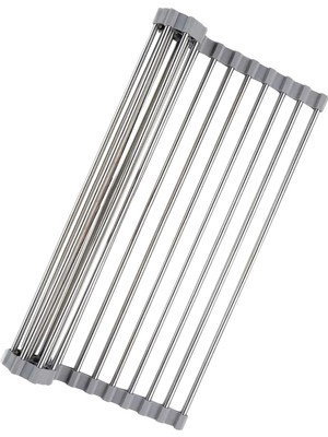 Die Grup Tr ® Katlanabilir Evye Üstü Bulaşık Kurutmalık Süzgeç 47X29 cm - Paslanmaz Çelik & Isıya Dayanıklı Silikon Rulo Bulaşık Rafı, Meyve Sebze Yıkama Süzgeci, Gri