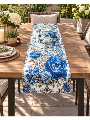 Sunum Luxe Sunumluxe Mavi Leopar Desenli 45x140cm Masa Runnerı